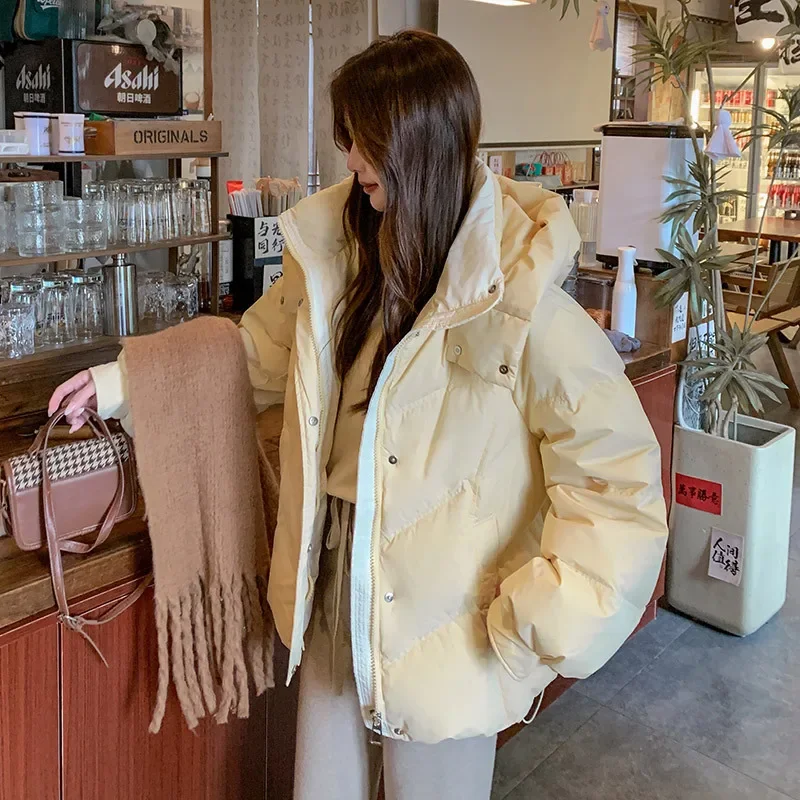 Women's Autumn Winter Top Coat Cotton Coat Hooded Solid Color Short Thickened Fleece Lining Loose Casual Niche Versatile Skinny