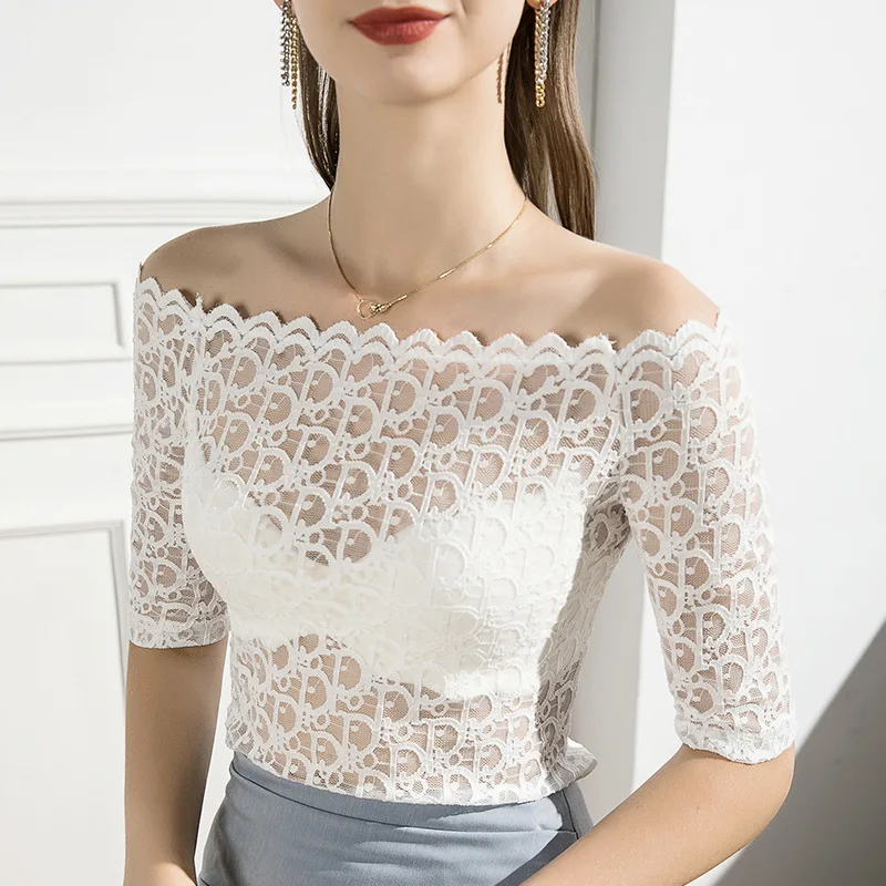 تي شيرت دانتيل بخمسة أكمام برقبة واحدة ، مريح ، نحيف ، بدون حمالات ، متوسط ، مثير ، صيفي ، صديق للجلد