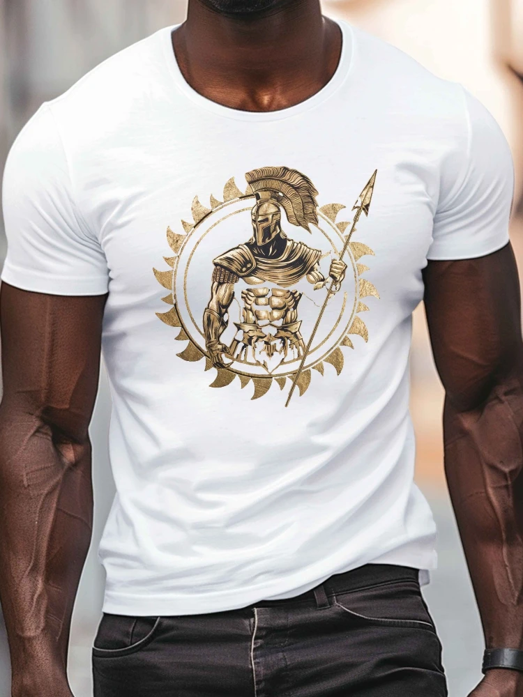 With Stylized Spartan Warrior Pattern Design-100% Cotton Summer Casual O-Neck Short-Sleeved Men's Printed T-Shirt.