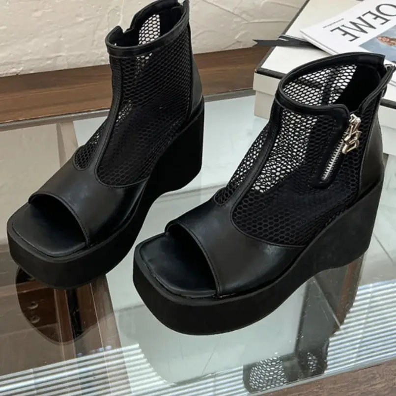 

2026 Gladiator Rome Sandals Summer Cut Hollow Out High Top Ankle Boots Open Toe Bootie Flat Wedge Heel Gauze Mesh Bohemia Shoes