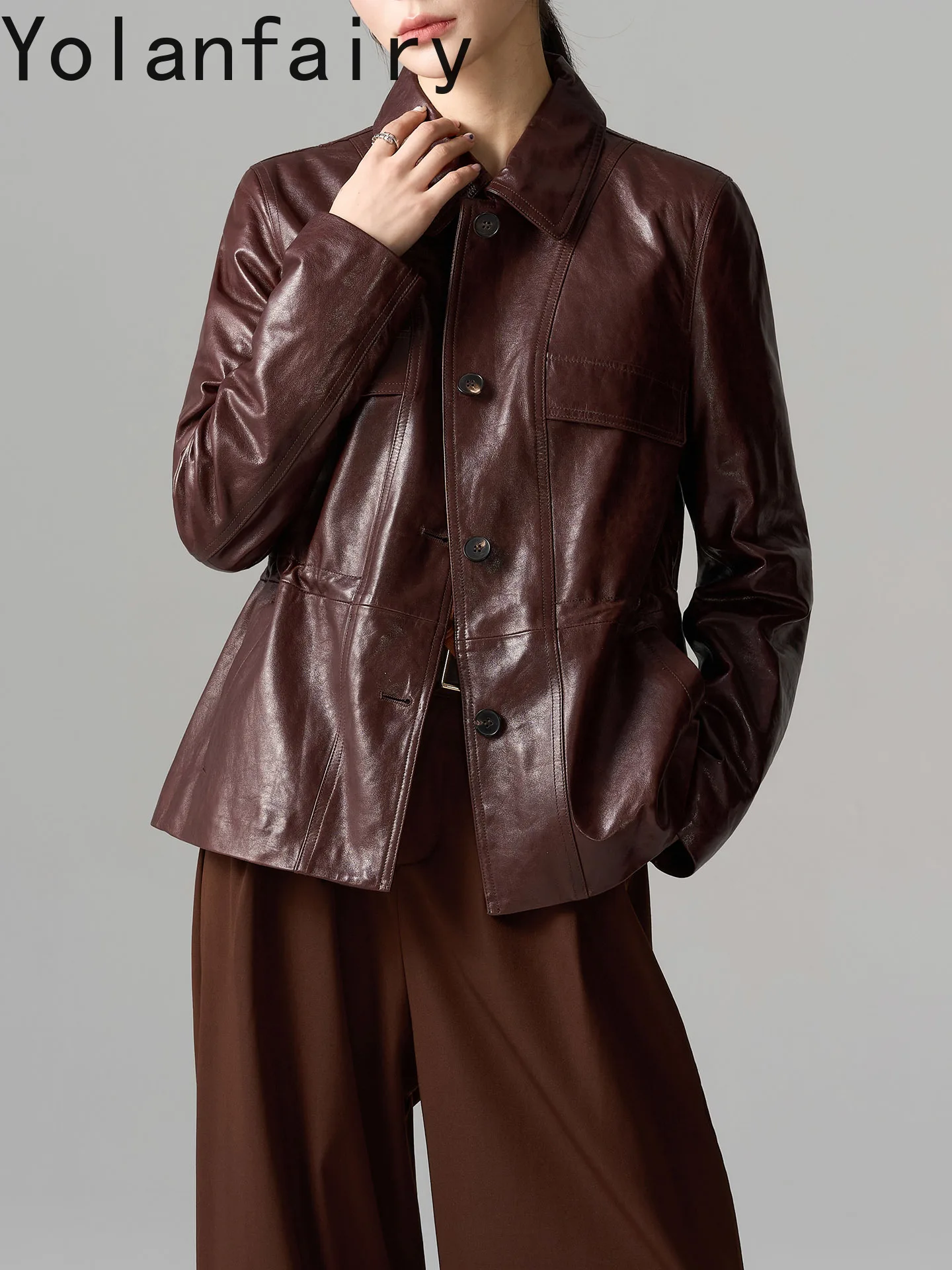 YOLANFAIRY High Quality Waxed Sheepskin Genuine Leather Jacket Woman Elegant 100% Real Leather Coat Women Waisted Short Coats