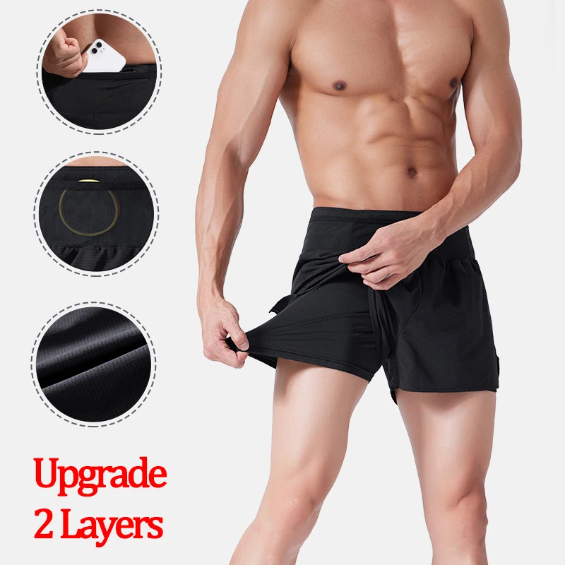 (S-4XL)Men Women Teens Double Layer Quick Dry Marathon Running Sport Shorts with Zipper Pocket Trackless Fitness Training Shorts