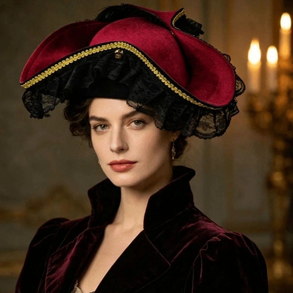 Satin Triangle Pirate Hat Pleated Ruffled Feather Decors Party Decoration Hat Head Ornament Dress Up Costume Cosplay Cap