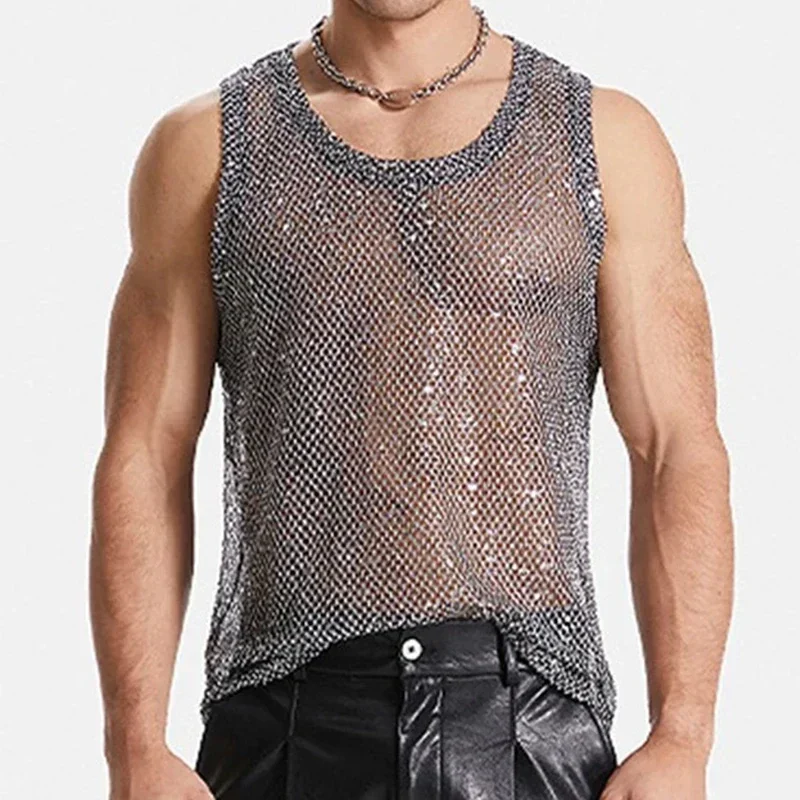 Nightclub Sexy Mens Tank Tops Mesh Sequin Glitter Hollow Out Transparent Vest Men Summer Fashionable Sleeveless Mesh Camisoles