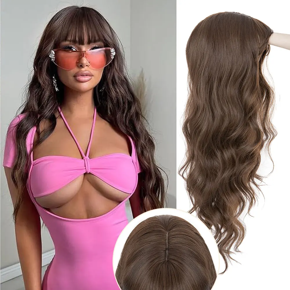 

Snoilite Synthetic Wigs Long Body Wave Wig Natural Wavy Hair with Neat Bangs Brown Black Mixed Blonde Curly Hair Wigs 20/24/26in