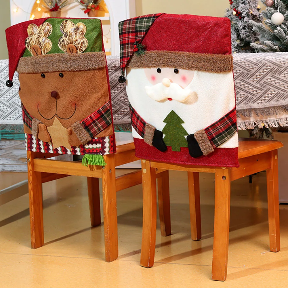Chair Back Covers with Christmas Santa Snowman and Reindeer Designs for Holiday Dining and Furniture Protection