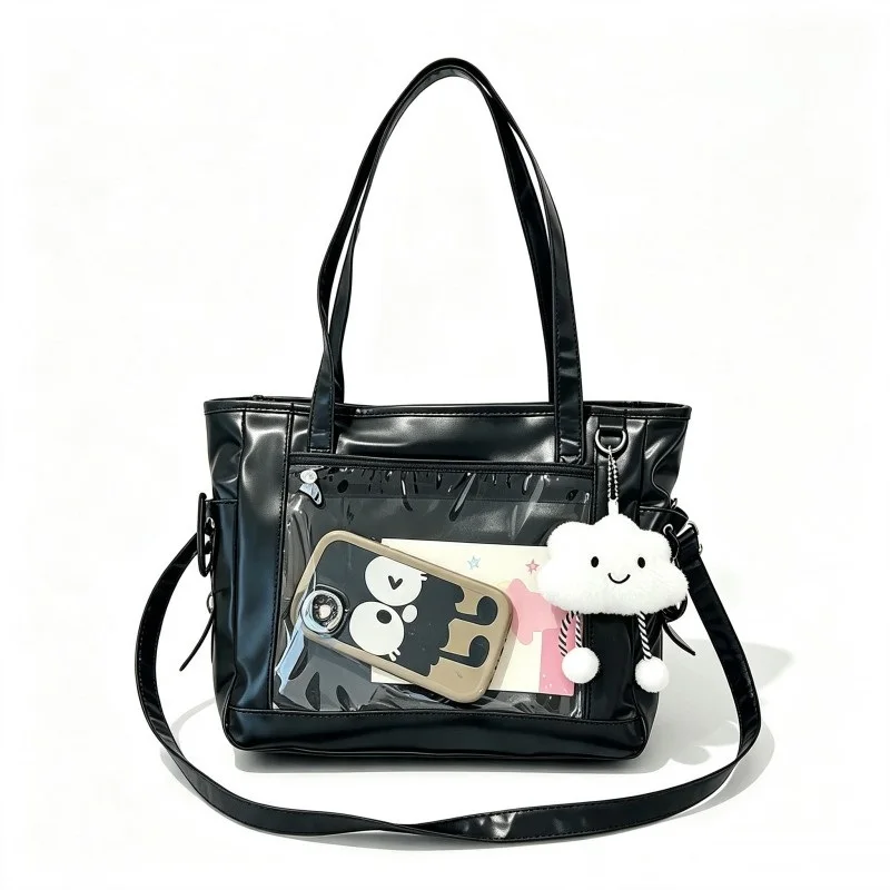 Large Capacity Ita Shoulder Tote Bag Transparent Window Pin Collection Handbag Multi Compartment Student Daily Commute Bag