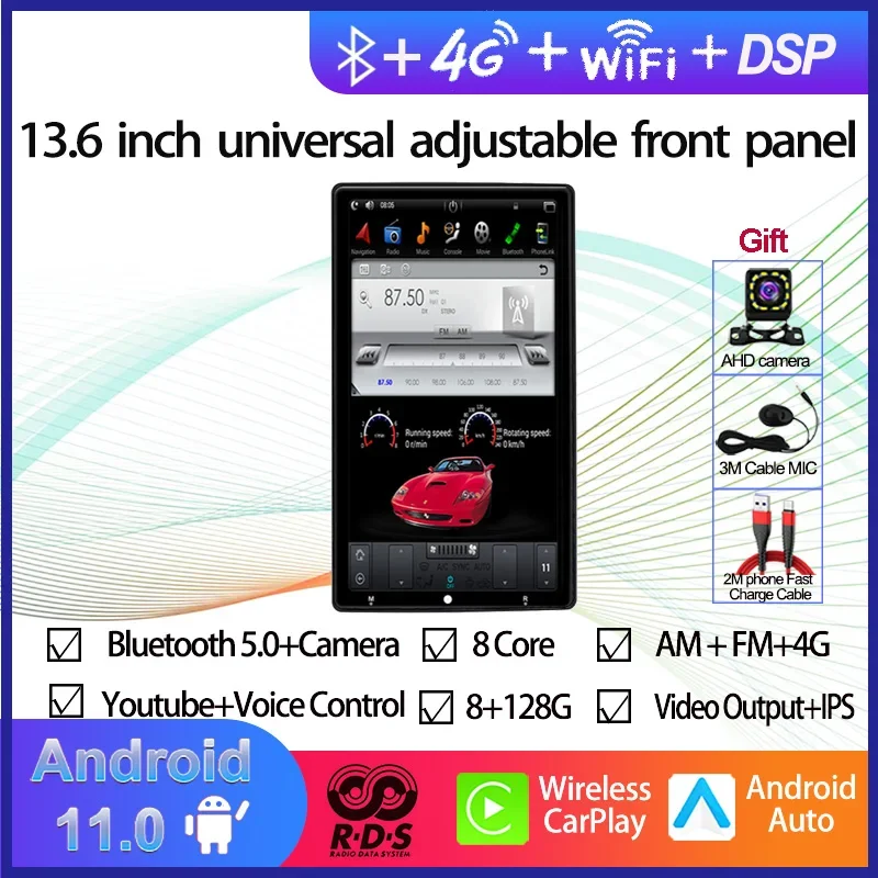 

13.6" Universal Car GPS Navigation 4G+64G Android 11 Adjustable Tesla Style Vertical Screen Auto Radio Stereo Multimedia Player