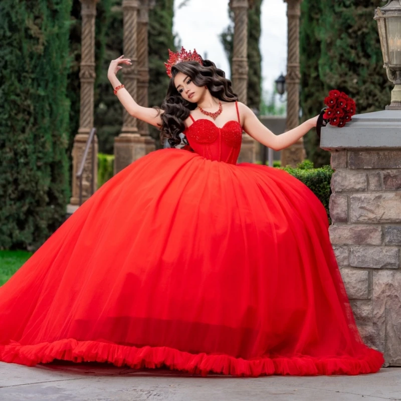 

Red Shiny Ball Gown Quinceanera Dresses Beading Crystal Bow Tiered Tull Corset Off Shoulder Sweet 16 Dress Vestidos 15 de anos