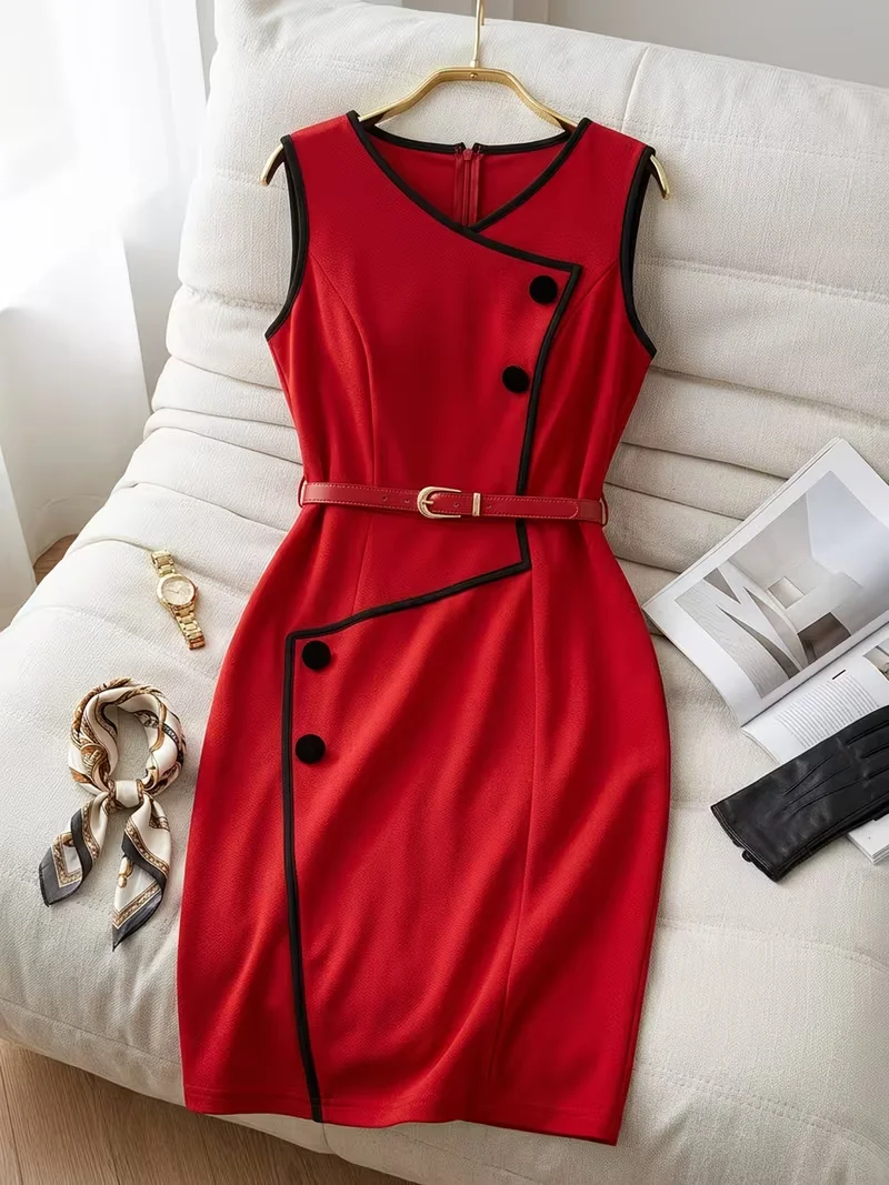 Übergröße Damen Elegantes Sommer Colorblock Asymmetrischer Ausschnitt Ärmelloses Midi Cocktail Party Bodycon Bleistift-Midikleid – Detail 7