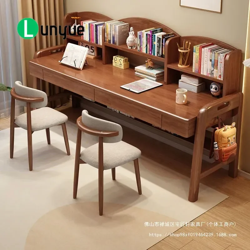 Children's desk bookshelf combination solid wood double study table household bedroom primary and secondary school students