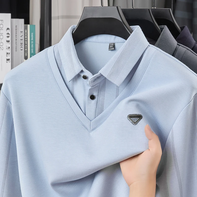 

TFETTERS Mens Mature Business Polo Shirt 2025 Spring Autumn New Long Sleeve Tops Lape Collar Two-in-one Polo Shirt for Man