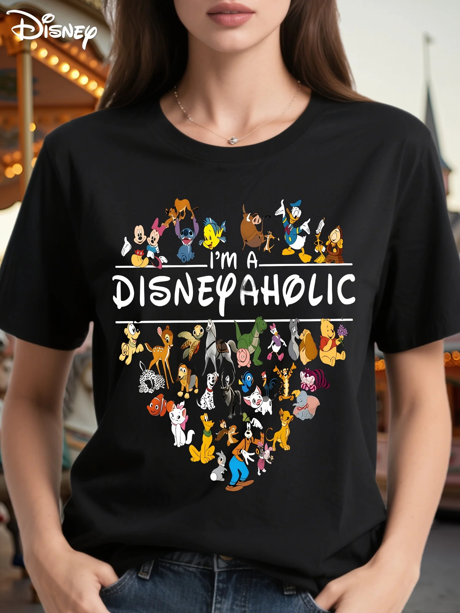 

Футболка Диснея, чистый хлопок, рисунок персонажа в форме сердца, удобный крой, с короткими рукавами, летняя повседневная одежда, можно стирать в машине