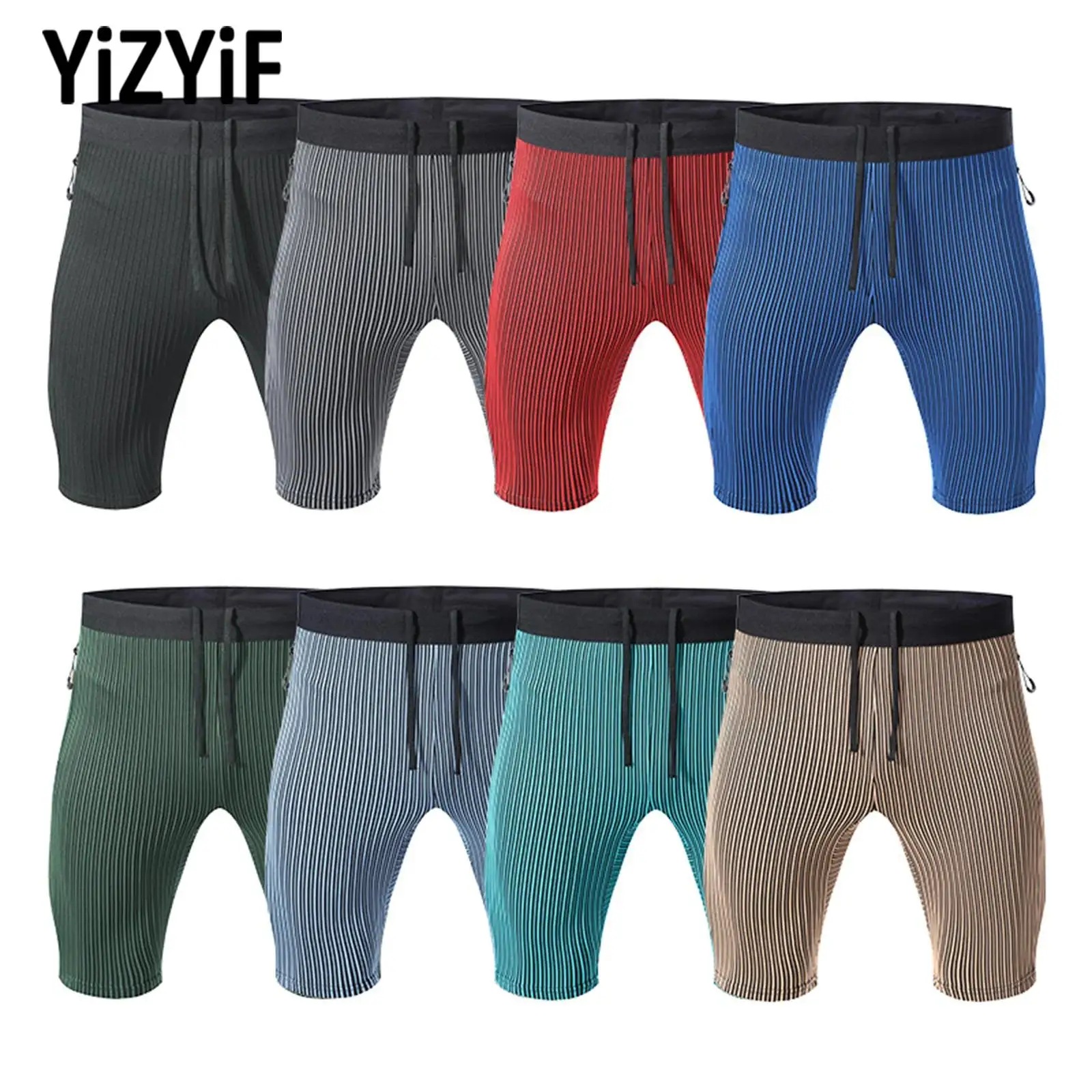 

Breathable Workout Shorts for Men Stripe Moisture-Wicking Zipper Shorts with Built-in Briefs for Gym Fitness Cycling Active Wear
