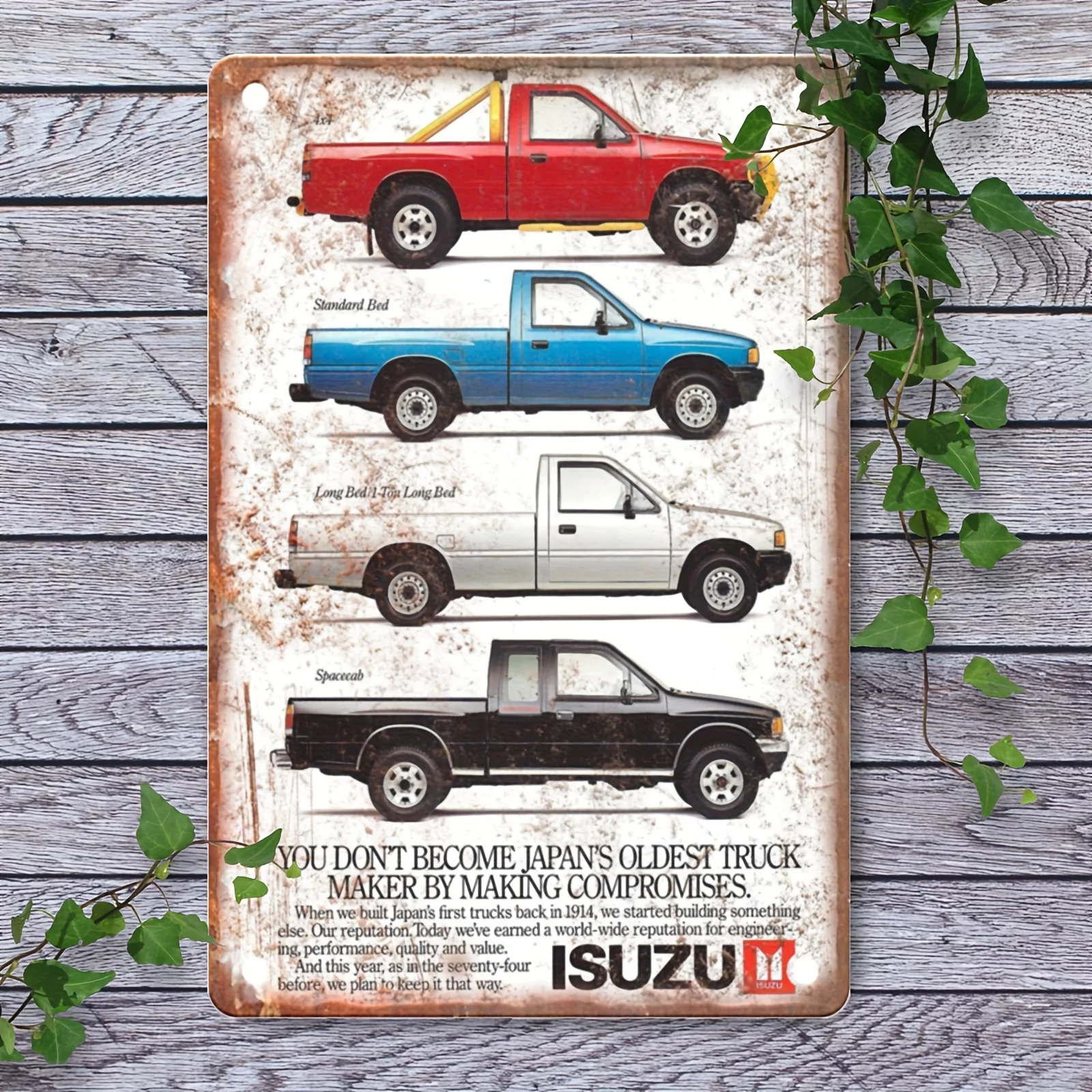 Vintage 1988 Isuzu Pickup Truck Metal Sign - Retro Wall Decor,  Unframed, Light Blue with Yellow & White Details, Perfect Gift