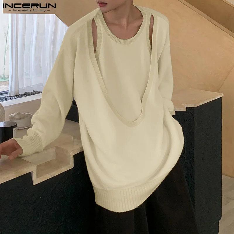 

2024 Men Sweaters Hollow Out O-neck Long Sleeve Irregular Pullovers Streetwear Solid Fashion Casual Men Clothing INCERUN S-5XL