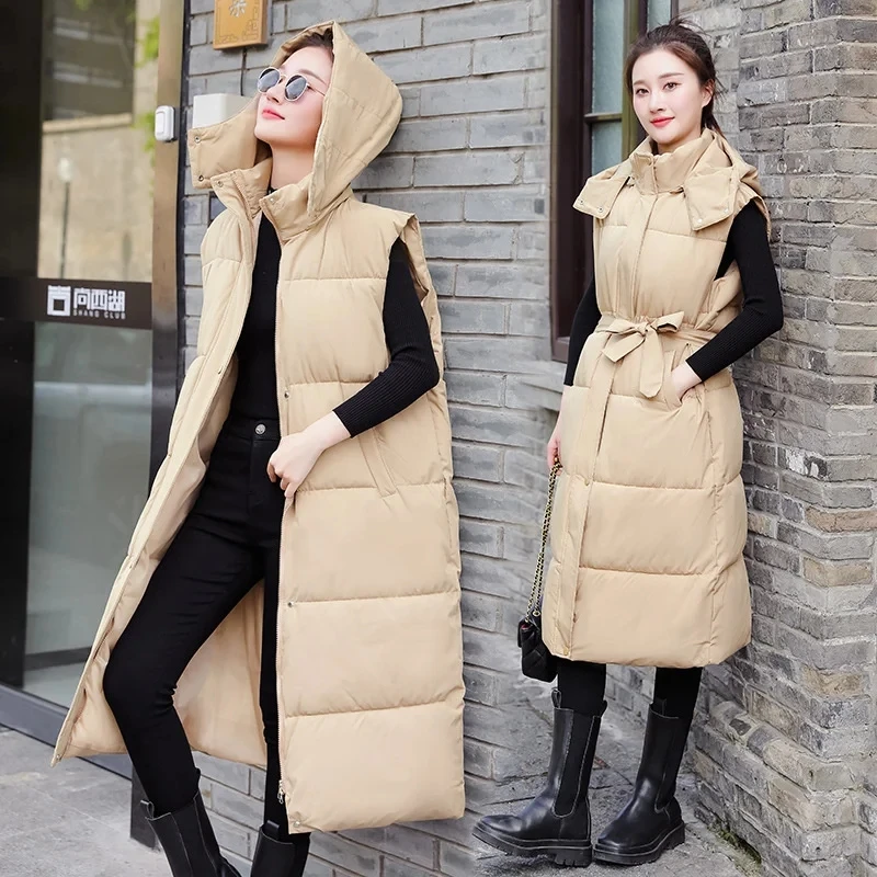 

2024 New Winter Ladies Sleeveless Waistcoats Solid Color Hooded Long Parkas Vest Warm Black Zipper Hooded Down Coat Parka Women