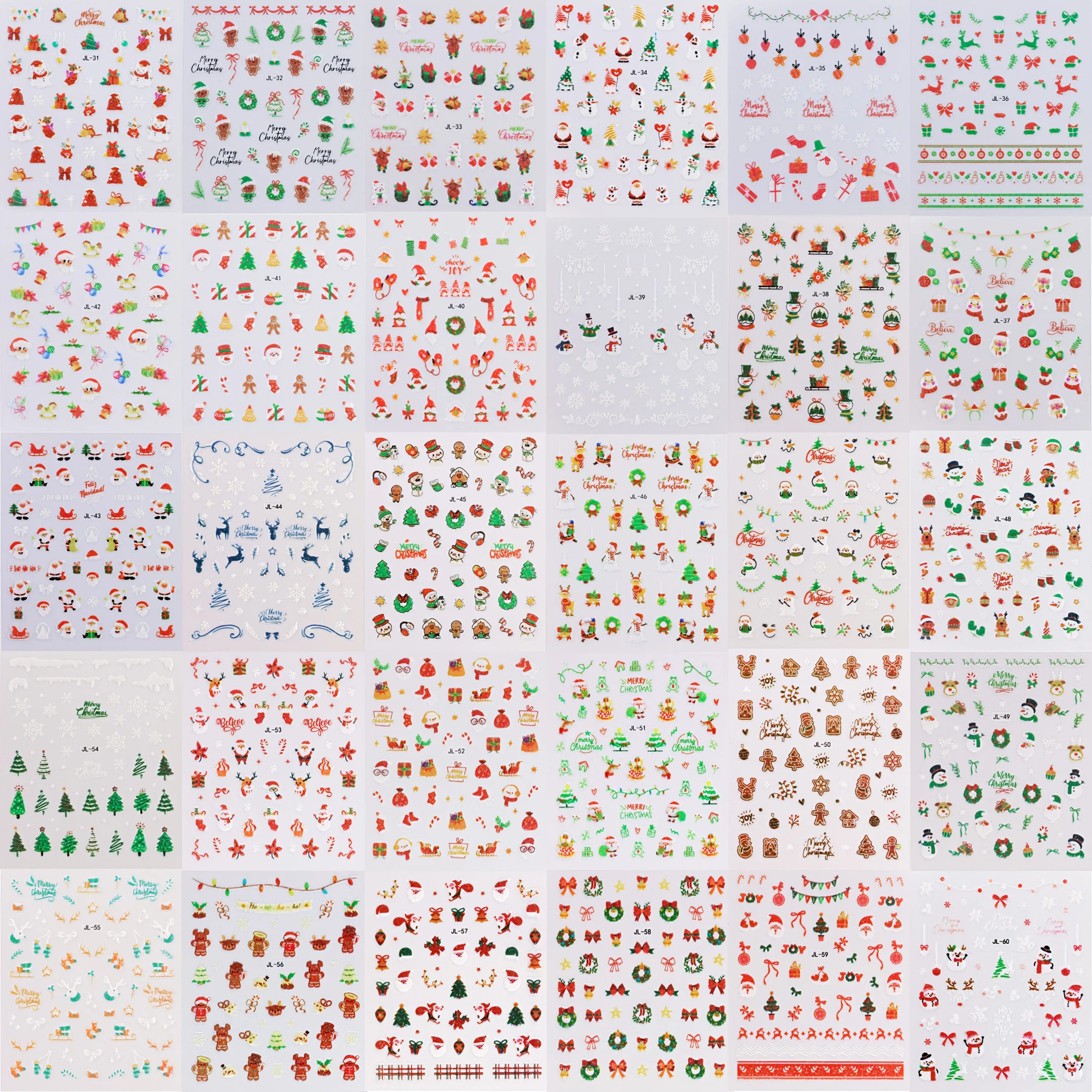 30 Christmas Nail Art Stickers Christmas Nail Decals 3D Sticker Santa Claus Elk Snowman Nail Stickers