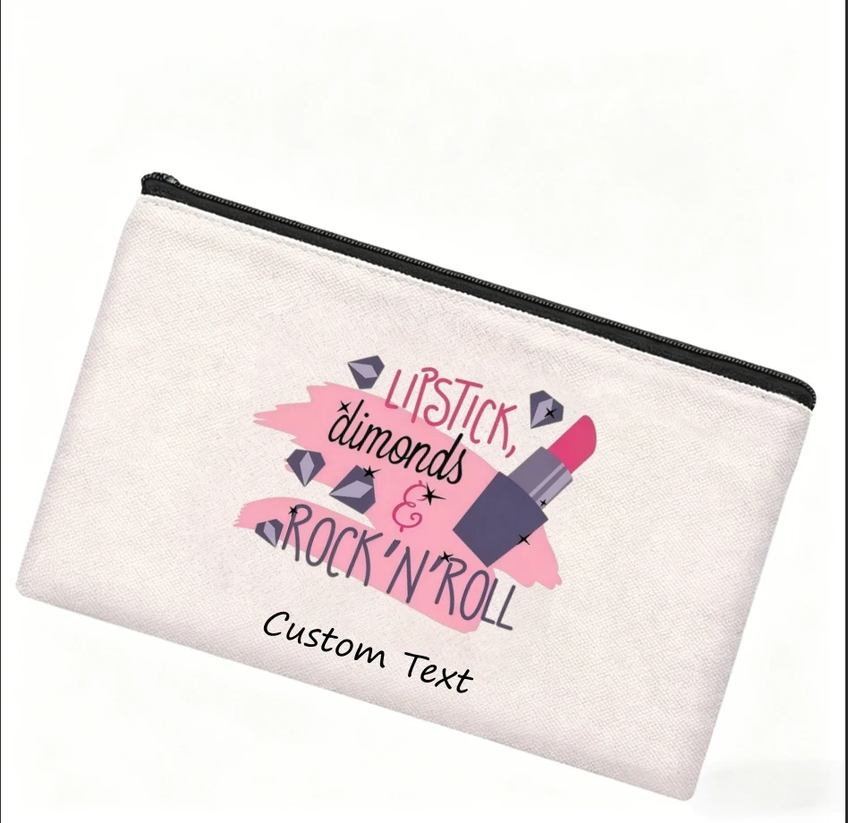 1PC Custom Text Lipstick Diamonds Rock N Roll Print Cosmetic Bag Personalized Canvas Zipper Makeup Storage Pouch