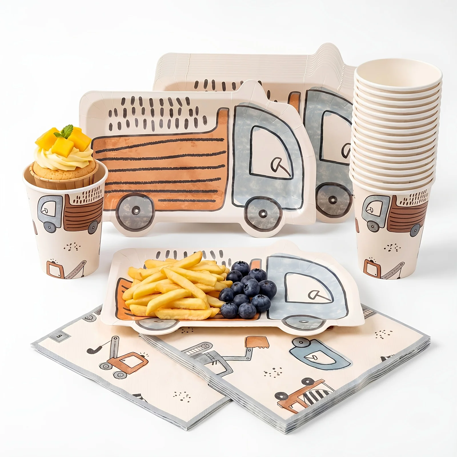 Construction Vehicle Party Tableware Set 48Pcs Truck Plates Cups Napkins for Excavator Crane Birthday Party Decoration Supplies