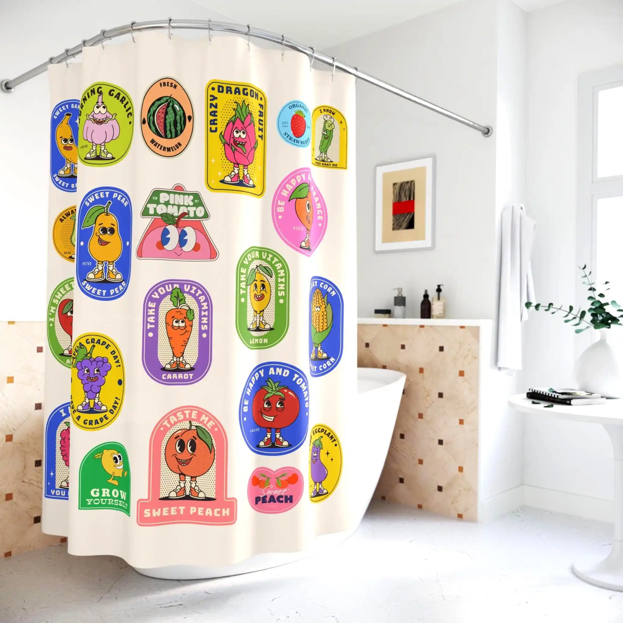 Cute Cartoon Fruits Shower Curtain Nursery Bathroom Decor Kids Gift Tropical Produce Theme Fun Shower Curtain