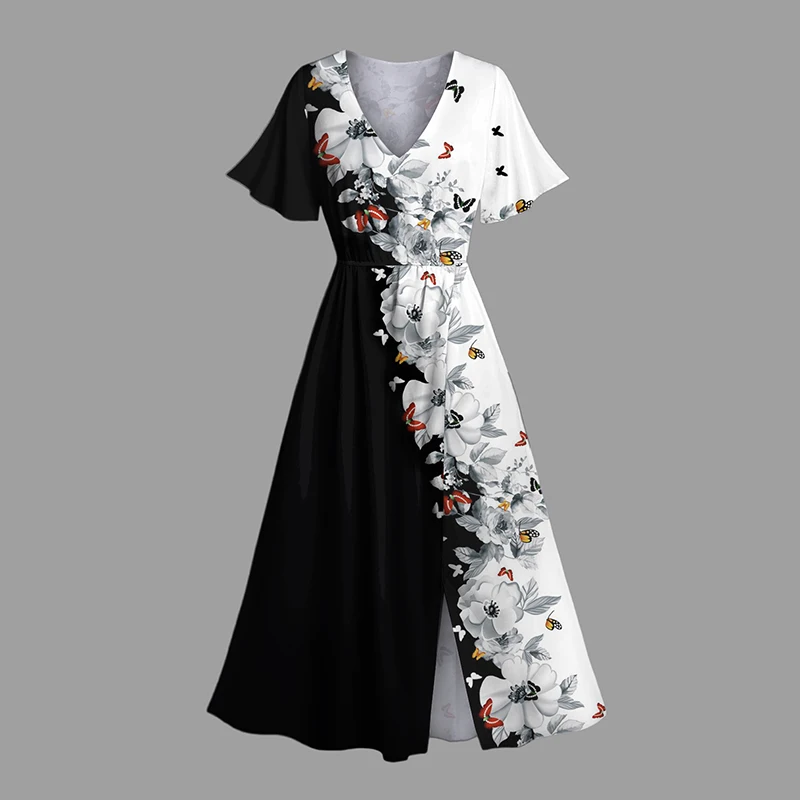 Dressfo Women's Dress Butterfly Flower Print Flutter Sleeve Colorblock Midi Dress Split Hem A Line Dress