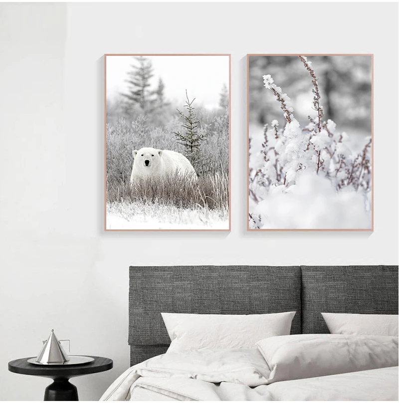 Scandinavian Poster and Print Winter Nature Landscape Canvas Painting Beer Deer Animal Wall Art Picture Nordic Style Home Decor
