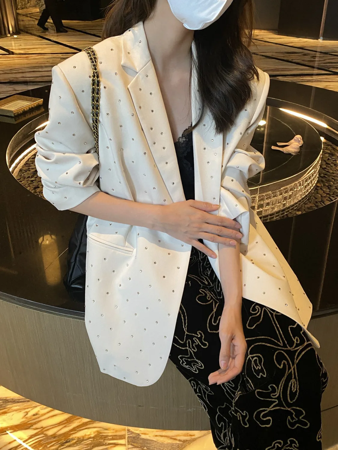 Hot Drilling Feminine Suits Jackets 2023 New Spring Autumn All-match Full Diamonds Long Sleeve Outwear Mid-long Blazers Coat