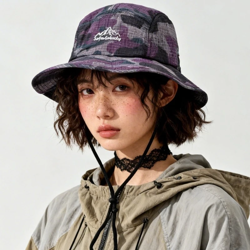 Japanese Outdoor Camouflage Embroidery Quick-drying Bucket Hat for Men and Women's Summer Shade Hiking Lace-up Fishing Caps