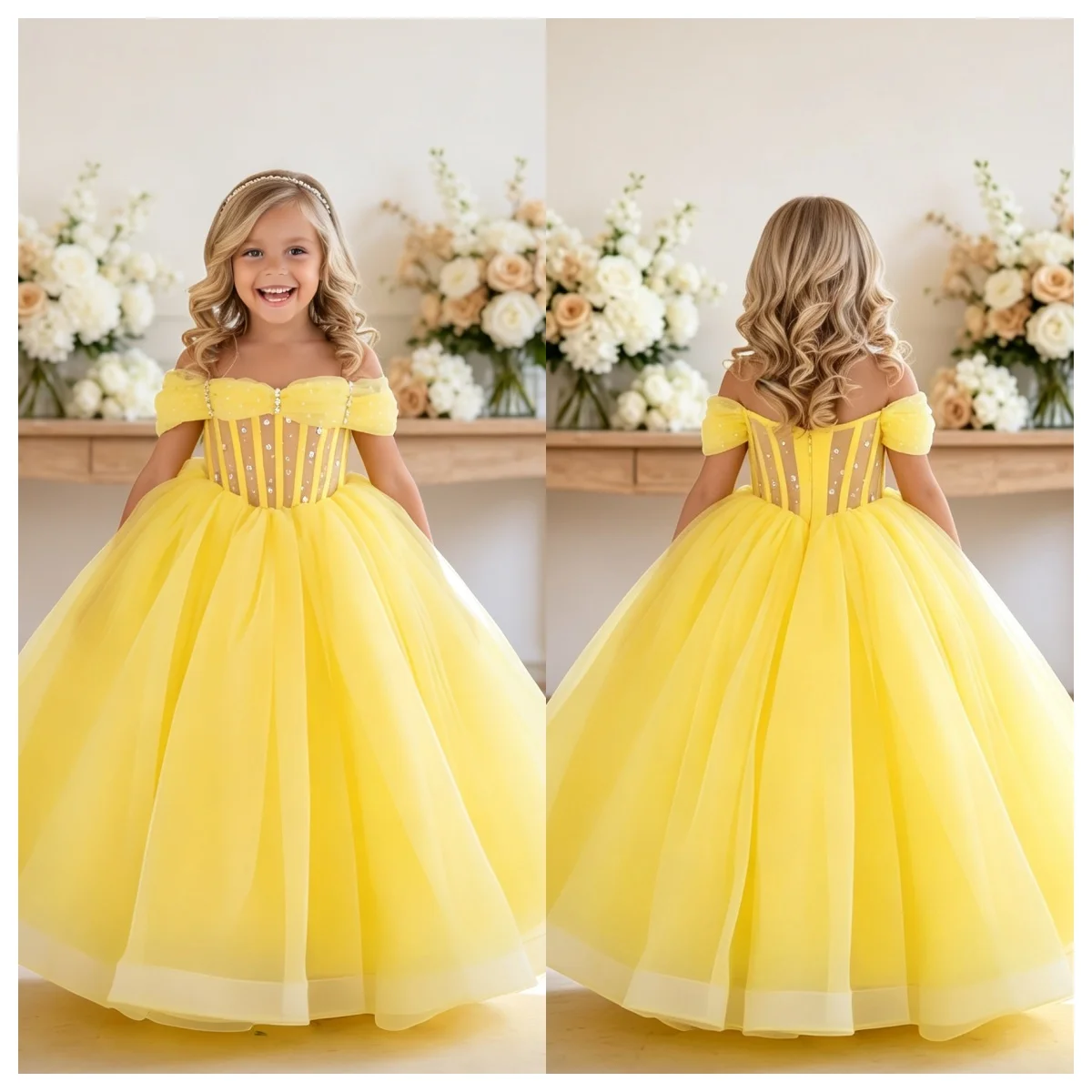 2026 New Yellow Tulle Flower Girl Dress One-shoulder Rhinestone Waist Long A-line Princess Dress Girl Birthday Party Dress