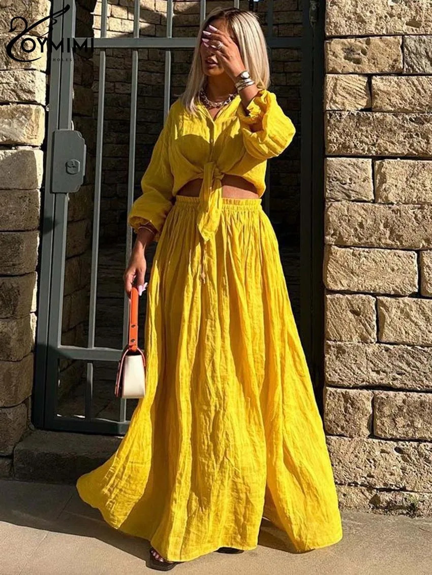 Oymimi Casual Yellow Cotton Sets For Women 2 Pieces Elegant Long Sleeve Button Shirts And Drawstring Wide Leg Pants Female Sets