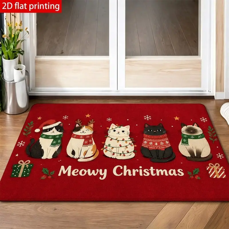 VIKAMA Meowy Xmas Doormat 5 Sitting Cats Xmas Sweaters Skid Resistant Front Door Welcome Floor Rug Seasonal Xmas Decor
