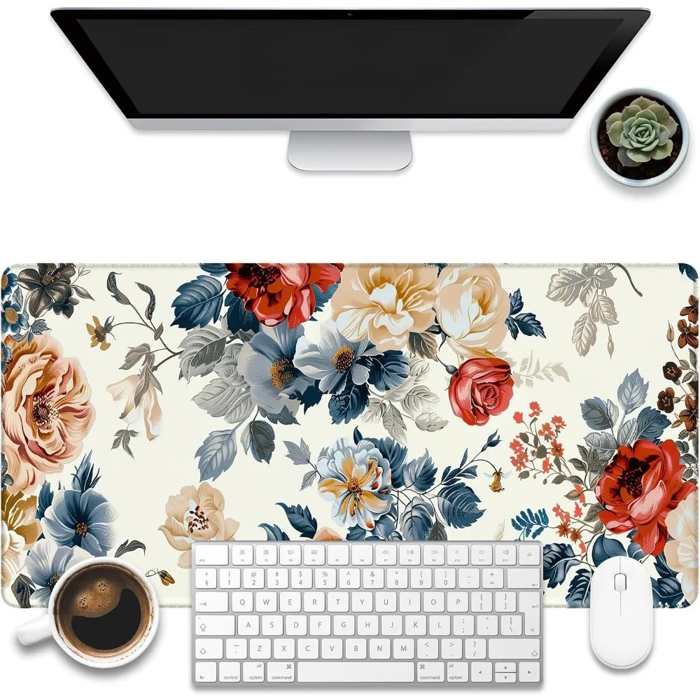 Floral Rose Pattern TCG Mouse Pad Extended Office Desk Mat Stitched Edge Non‑Slip Rubber Keyboard Mat for Gaming Home CP Gamemat