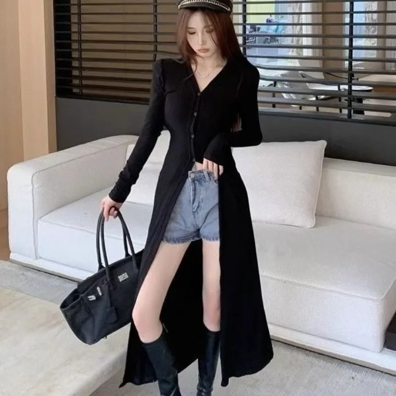 Spring Autumn Black Long Jackets for Women Simple Elegant All-match Stylish Female Chic Street Wear Slim Hotsweet Ulzzang Coat