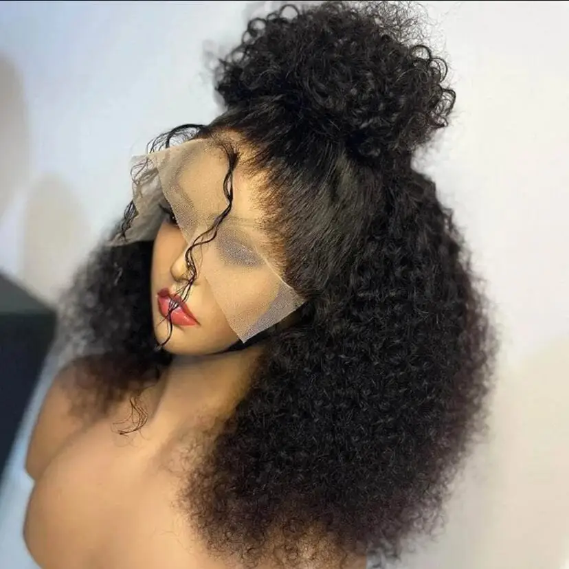 Natural preto macio preplucked 26 Polegada longo 180 densidade perucas dianteiras do laço para mulheres kinky encaracolado com cabelo do bebê sem cola boa textura