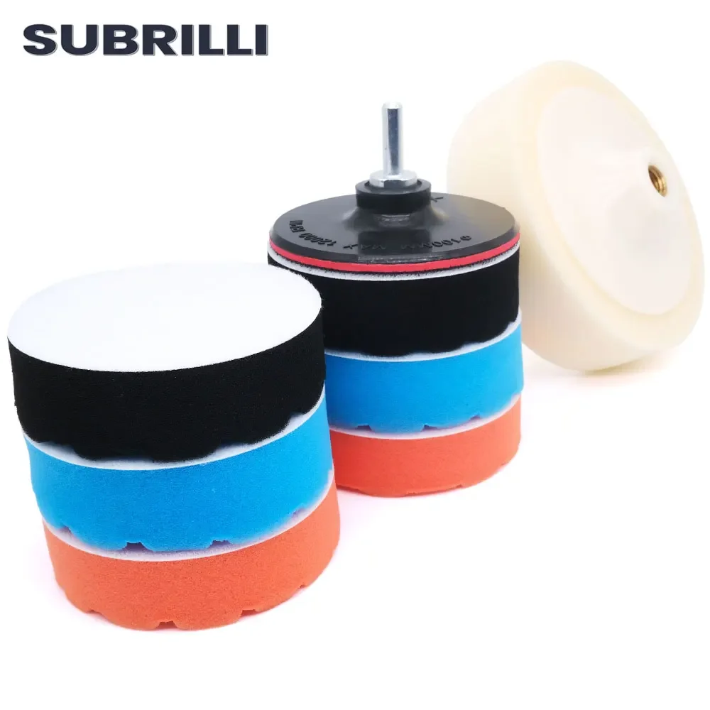 SUBRILLI-cera de 4/6 pulgadas para disco de pulido de coche, Kit de almohadillas de esponja de espuma para rueda, disco de limpieza, adaptador de taladro pulidor de coche