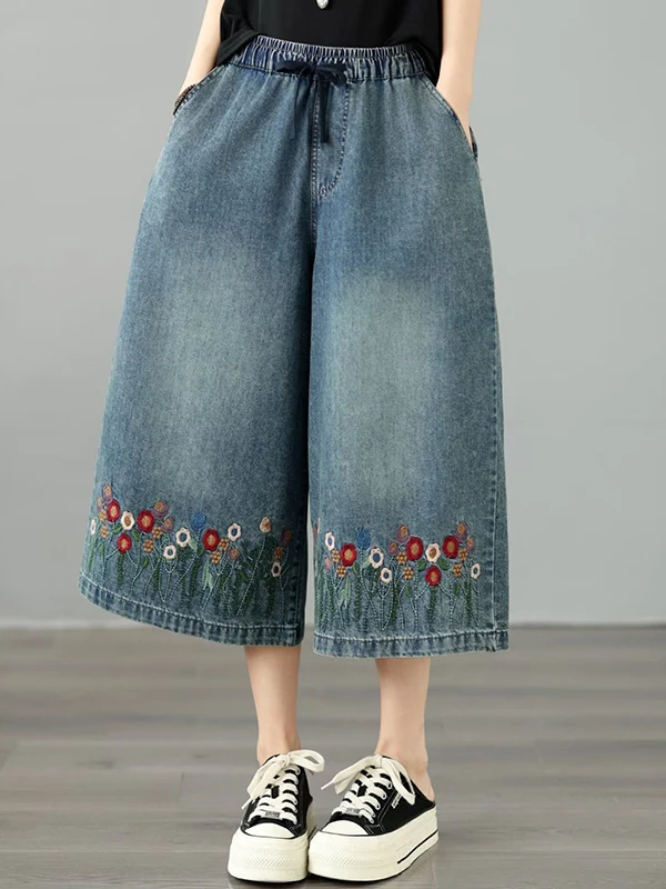 

Retro Embroidered Washed out Denim Jeans Women Summer Thin Elastic Waist Large Size Conceal Slim Casual Seven-Five Pants