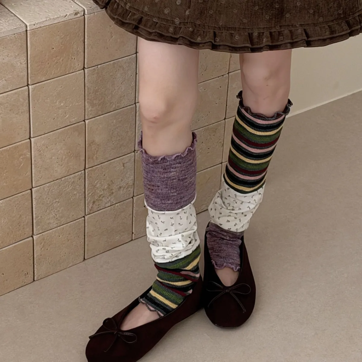 Korean Ins Color Block Calf Socks Floral French JK Retro Ruffled Slouch Socks Outdoor Daily Dating Student Mid Calf Socks