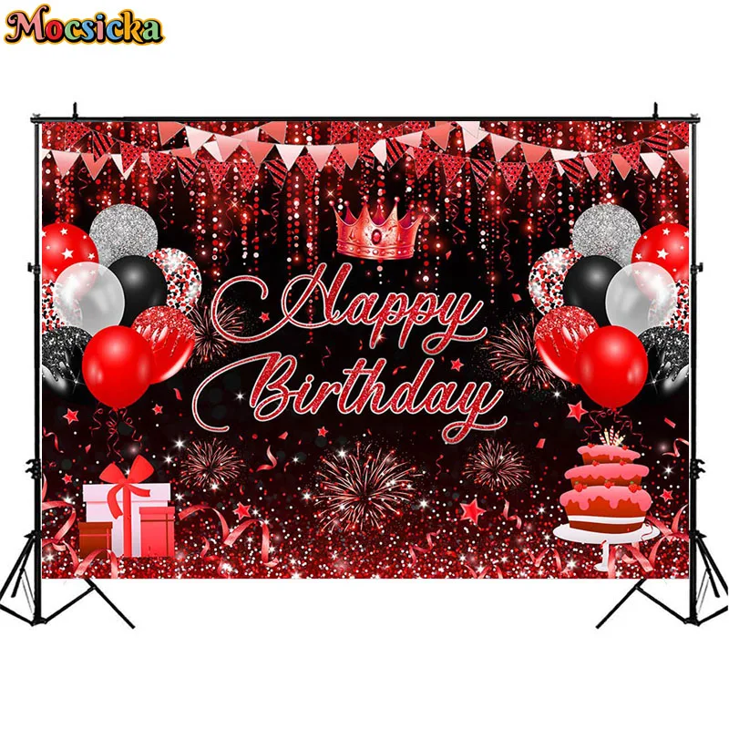 Décors de Thème de Joyeux Anniversaire, Bannière de Feux d'Artifice Rouges, Ballon, Décoration de Table de Gâteau, Fournitures de ixd'Anniversaire pour Femme Adulte