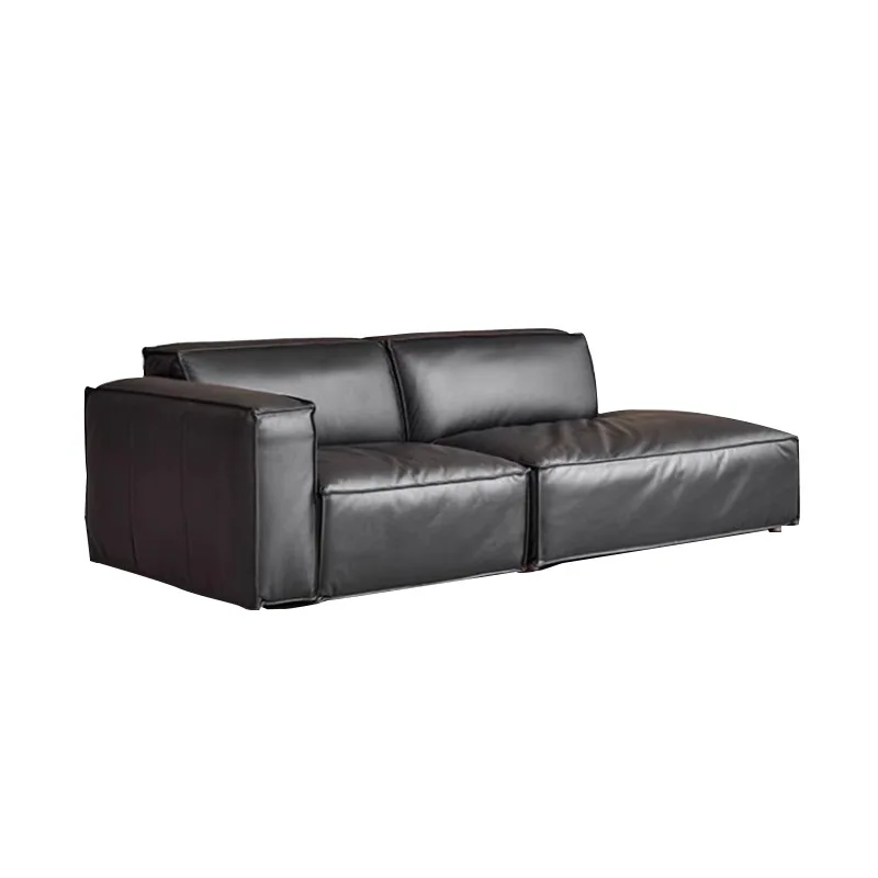 

Tofu block French retro sofa first layer cowhide American light luxury black leather sofa small apartment living room