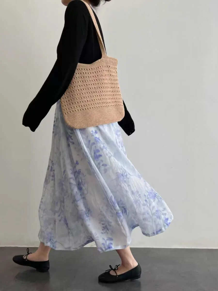 Slimming A-Line Midi Skirt Watercolor Print Thin Material No  Polyester And Flax Fabric Artistic Style Half-length Skirt