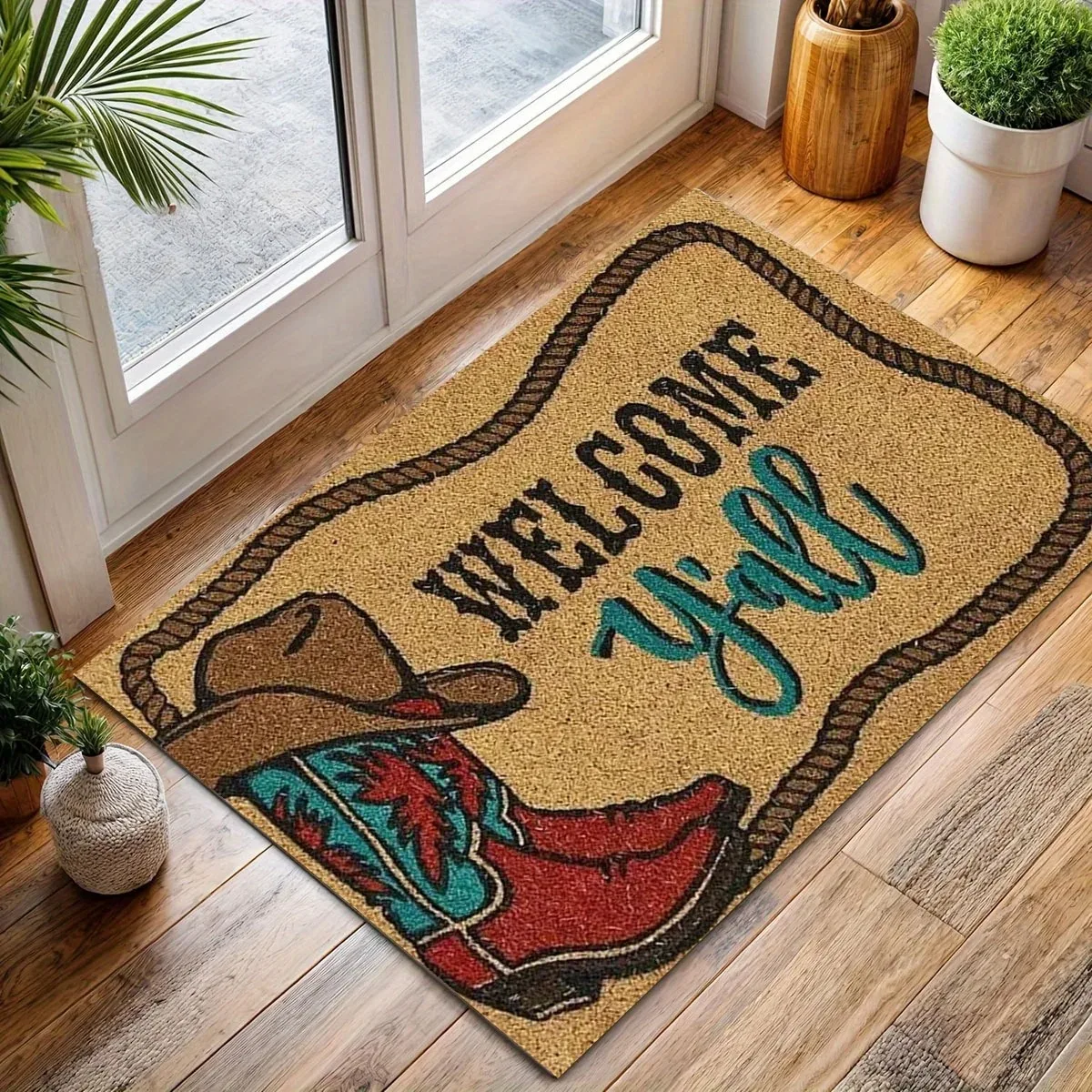 Cowboy Boot Doormat Western Theme Welcome Yall Print Rustic Farmhouse Entryway Decor for Country Home
