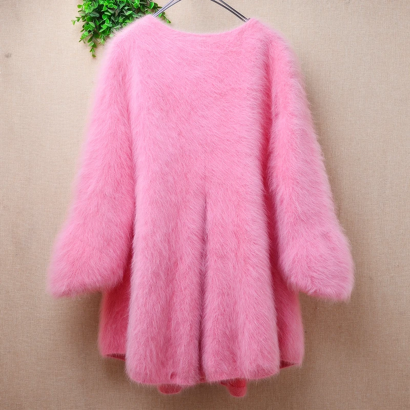 Ladies Women Autumn Winter Pink Hairy Mink Cashmere Knitted Three Quarter Sleeves Slim Cardigans Angora Fur Sweater Jakcet Pull