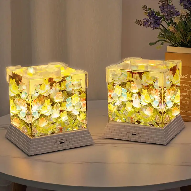 Flower Sea Desk Lamp Floral Desk Lamp Ornaments Cube Bedside Night Light Decorative Glass LED Night Vibe Lamp Creative For