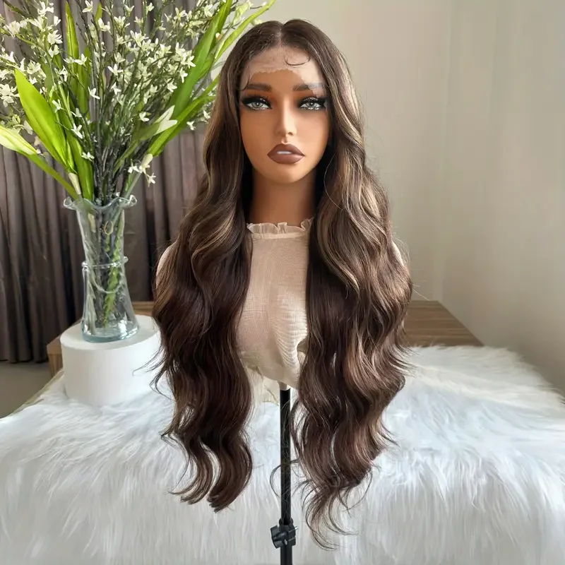 

28-inch female 13*4*1 front lace curly hair, 130% density honey brown mixed with transparent lace, glue-free design