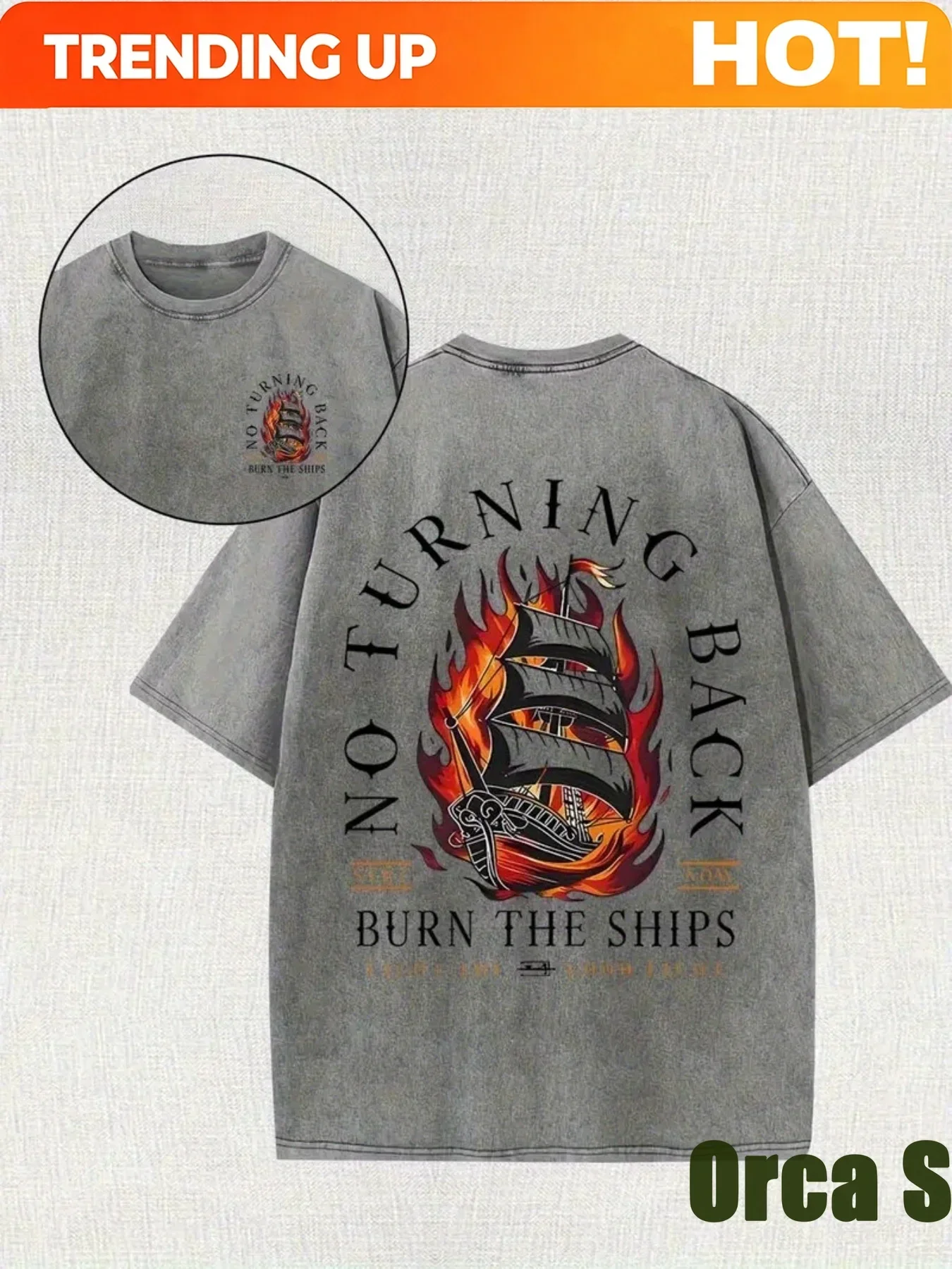 Customization Orca Men's 230g Washed Cotton Pirate Ship Pattern T-shirt - Loose Street Style 