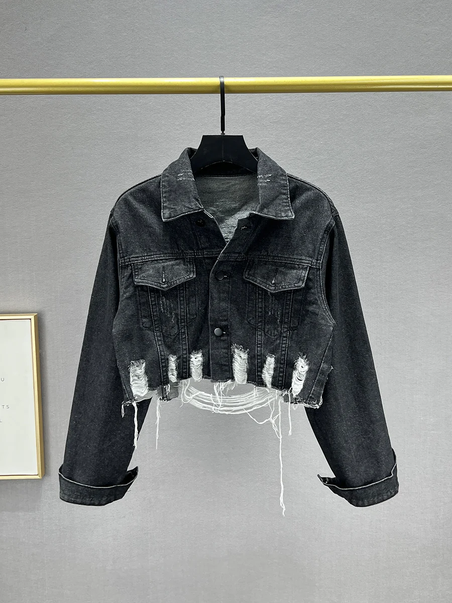 

Модная женская джинсовая куртка 2023 года, ранняя осень, приталенная, в гонконгском стиле, с воротником, на пуговицах, из смесового хлопка