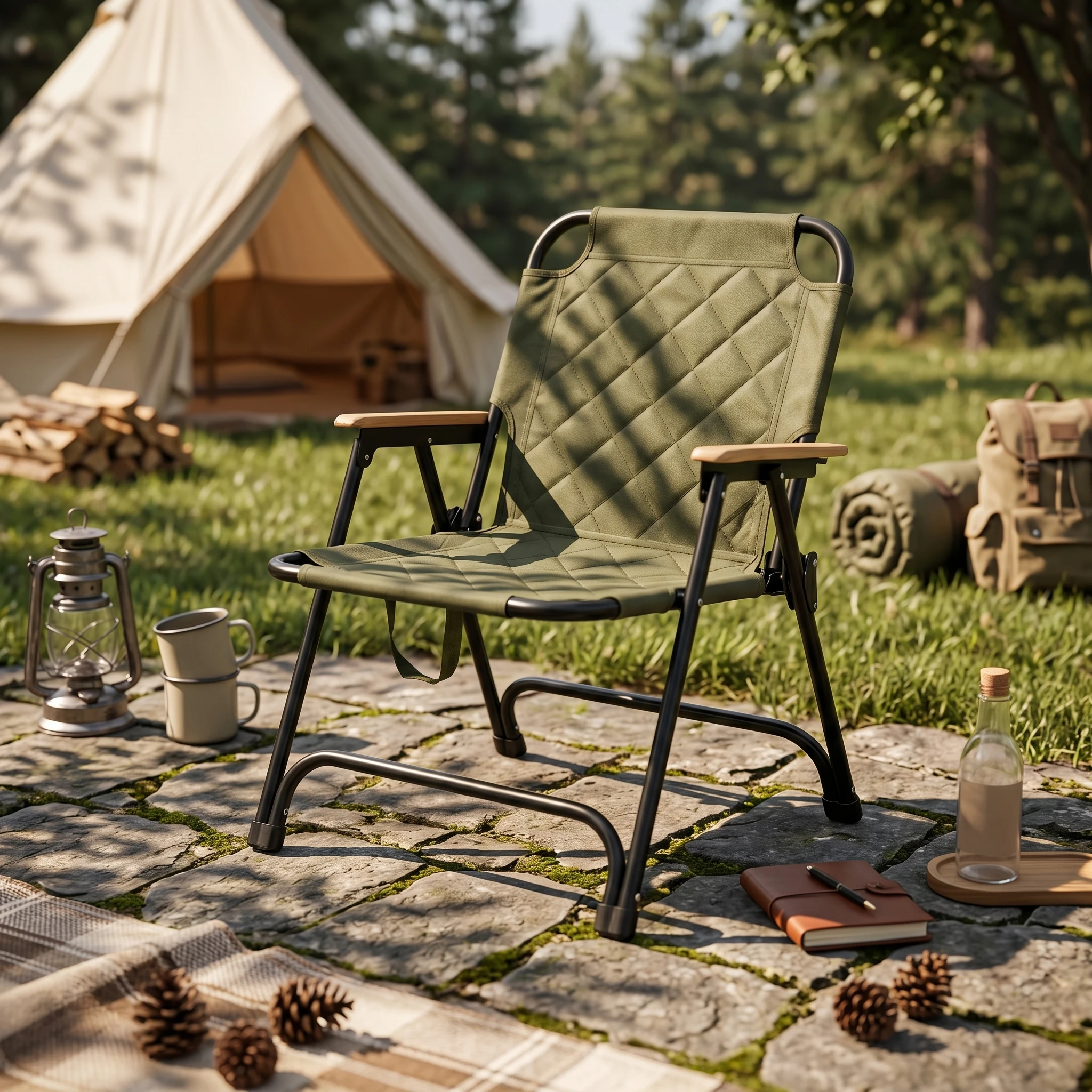 Camping Lounge Chair Quilted Folding Lounge Chair Outdoor Furniture Carry Loop Portable