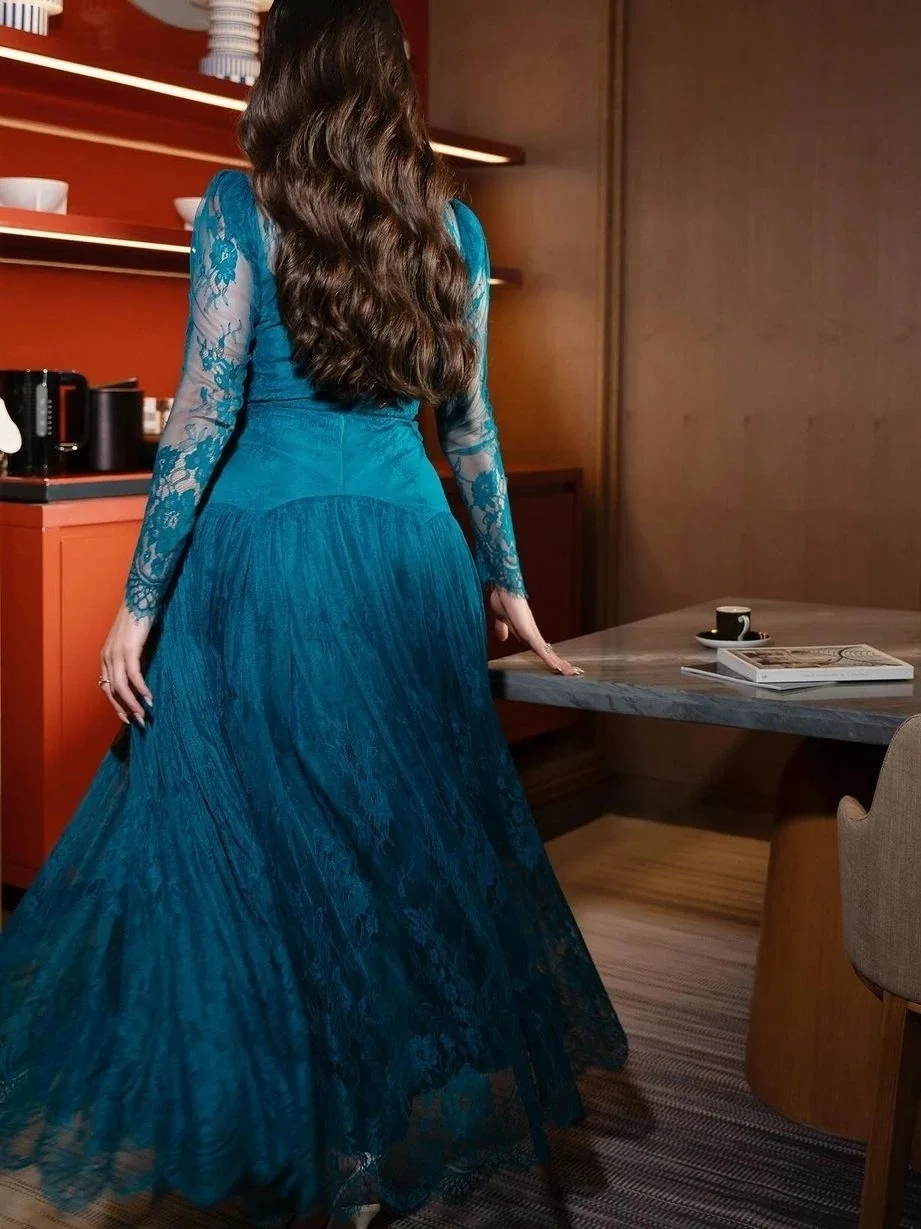 Teal Lace Long Sleeves Bespoke Occasion Gown Evening Dresses Prom Pastrol Unisex Jersey Retro Dubai Saudi Arabic Customized image 4