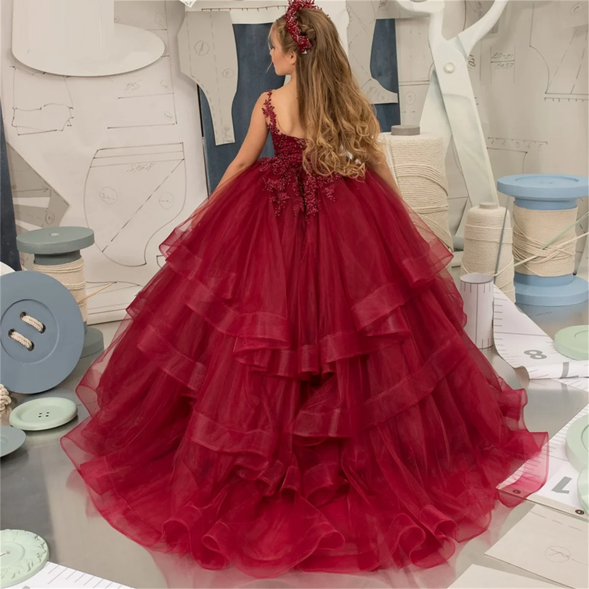 New Burgundy Flower Girl Dress Lotus Leaf Layer Wedding Party Ball Gown Bow Tulle Kids Birthday Floor Length Princess Dresses